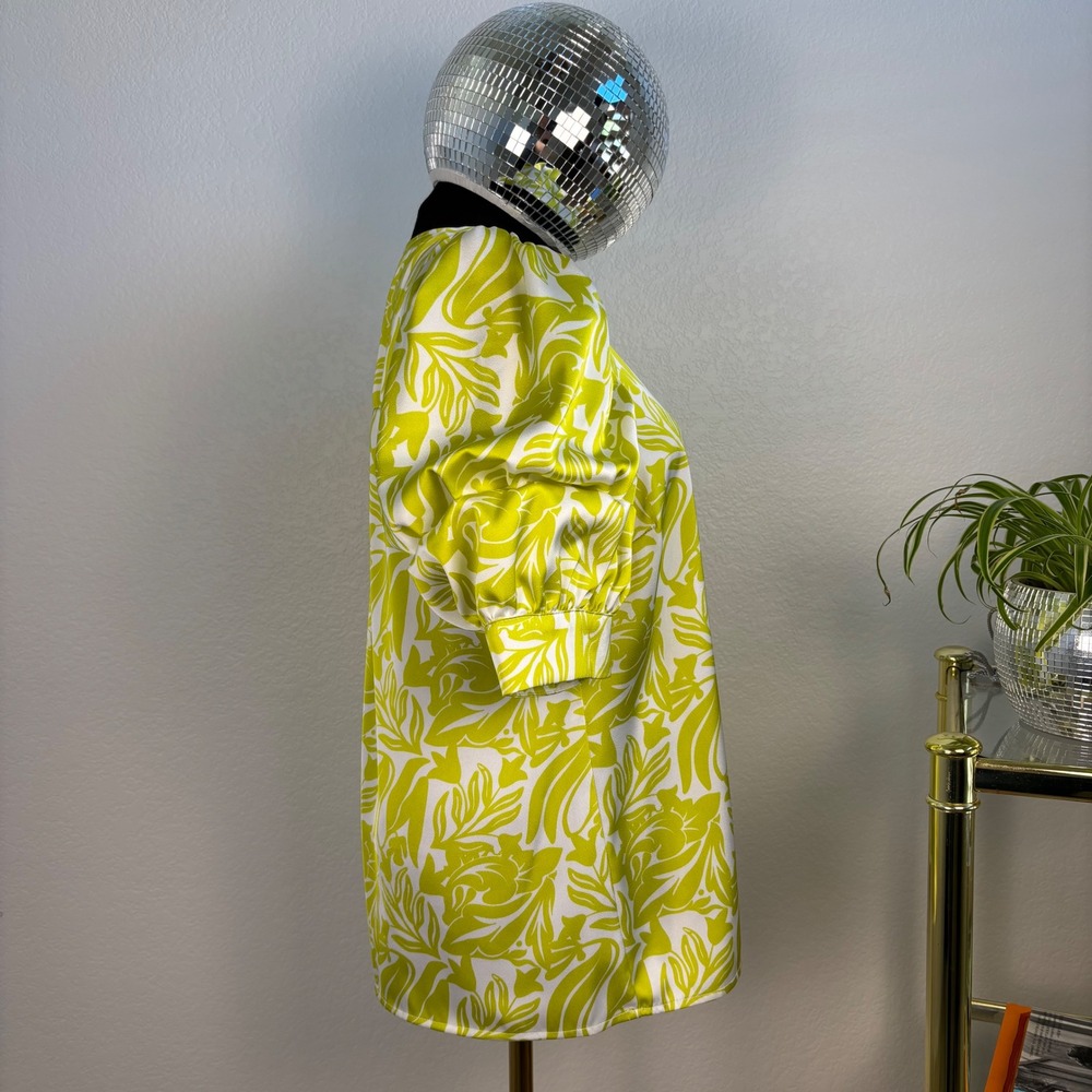 CeCe Yellow White Floral V-Neck Puff Sleeve Blouse - Picture 3 of 13